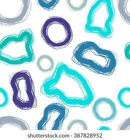 Dry brush hand drawn sketch artsy background, seamless pattern in bright happy  colours, messy grunge brush strokes, circles and swirls on white background.
