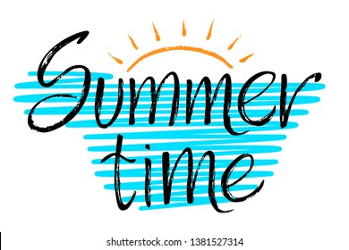 Dry brush lettering composition with text Summer time. Logo design isolated on white background. Vector illustration EPS 10.