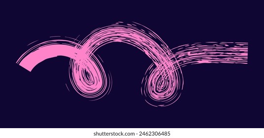 Trockene Pinselspur, Bleistiftschnörkel und Kritzelei. Handgezeichnete Vektorgrafik Buntstifte auf verschiedenen Linien, Spirale und Doodle, farbige raue Textmarker, Kreidestrich, Bleistiftteiler. Geschweifte Linie auf dunklem Hintergrund. 