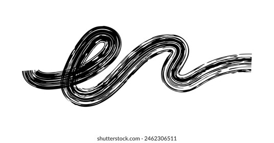 Trockene Pinselspur, Bleistiftschnörkel und Kritzelei. Handgezeichnete Vektorgrafik Buntstifte auf verschiedenen Linien, Spirale und Doodle. Schwarzer rauer Textmarker, Kreidestrich, Bleistiftunterteilung.  Kratzende Striche mit rauen Kanten.