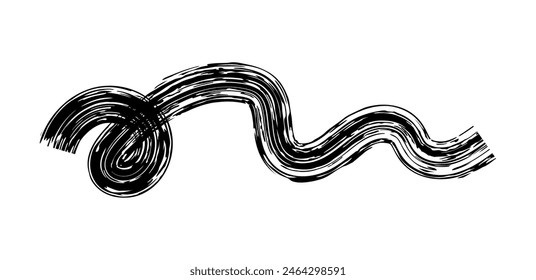 Trockene Pinselspur, Bleistiftschnörkel und Kritzelei. Handgezeichnete Vektorgrafik Buntstifte auf verschiedenen Linien, Spirale und Doodle. Schwarzer rauer Textmarker, Kreidestrich, Bleistiftunterteilung.  Kratzende Striche mit rauen Kanten.