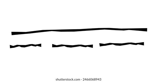 Trockene Pinselspur, Bleistiftschnörkel und Kritzelei. Handgezeichnete Vektorgrafik Buntstifte auf verschiedenen Linien, Spirale und Doodle. Schwarzer rauer Textmarker, Kreidestrich, Bleistiftunterteilung. Geschweifte Linie. Kratzer