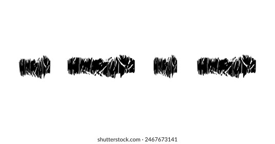 Trockene Pinselspur, Bleistiftschnörkel und Kritzelei. Handgezeichnete Vektorgrafik Buntstifte auf verschiedenen Linien, Spirale und Doodle. Schwarzer rauer Textmarker, Kreidestrich, Bleistiftunterteilung.  Kratzende Striche mit rauen Kanten.