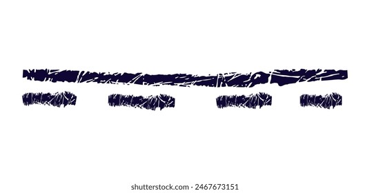Trockene Pinselspur, Bleistiftschnörkel und Kritzelei. Handgezeichnete Vektorgrafik Buntstifte auf verschiedenen Linien, Spirale und Doodle. Schwarzer rauer Textmarker, Kreidestrich, Bleistiftunterteilung. Geschweifte Linie. Kratzerschlag