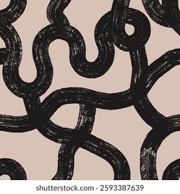 Dry Brush, Marker Bold Doodle Black Lines Seamless Pattern. Seamless Wavy Short Line Pattern. Abstract Modern Maze Geometric Ornament Background. Hand Drawn Grunge Vector Bold Black Brush Strokes.
