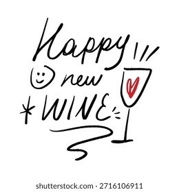 Pincel seco minimalista grunge abstracto divertido Feliz Año Nuevo letras. Ilustración vectorial. Arte contemporáneo moderno, Navidades funky de moda broma Clipart tipo negro hecho a mano tarjeta postal de felicitación festiva.