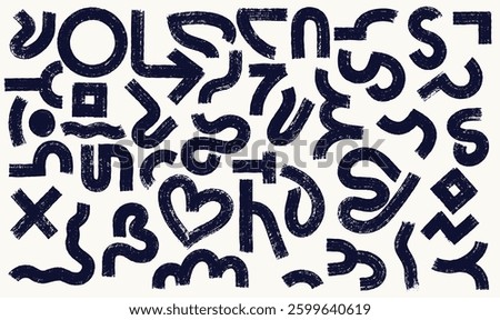 Dry Brush Painted Shapes Set. Grunge Hand Drawn Bold Lines, Zigzag, Arrows, Waves, Stripes. Straight And Curvy Black Brush Strokes. Template Childish Vector Playful Organic Grunge Icons.