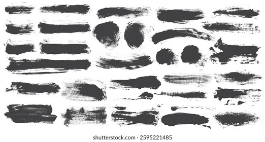 Dry Brush Stroke, Ink Paint Brush, Grunge Lines Set. Grunge Circle Brush. Grunge Old Banner Collection. Flat Vintage Paint Brush Thick Long And Straight Lines. High Detail Abstract Vector Element.