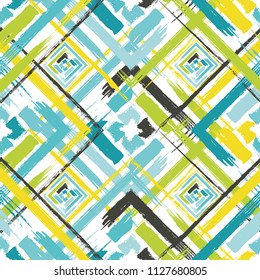 Dry brush stroke texture colorful rhombs seamless pattern. Abstract geometric background design.