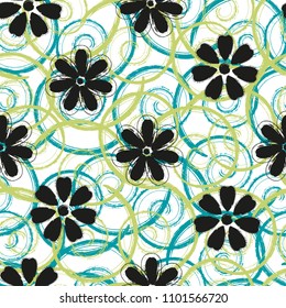 Dry brush stroke textured spirals and flowers abstract seamless pattern design
