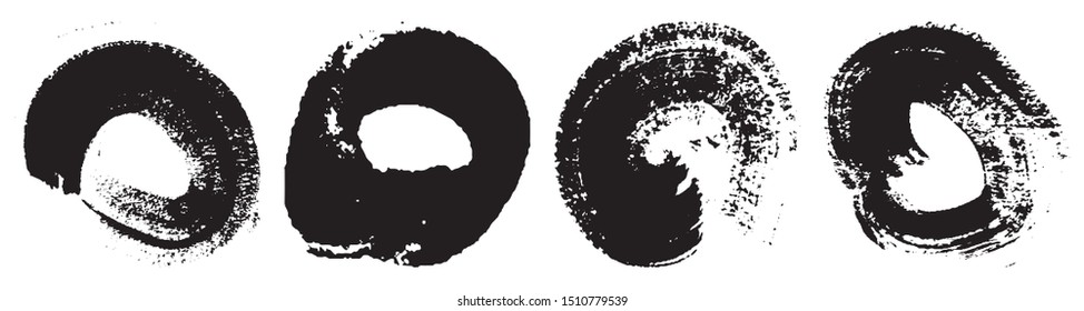 Dry brush strokes in a circle. Set of grunge pattern black on white background