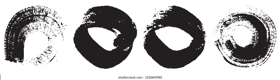 Dry brush strokes in a circle. Set of grunge pattern black on white background
