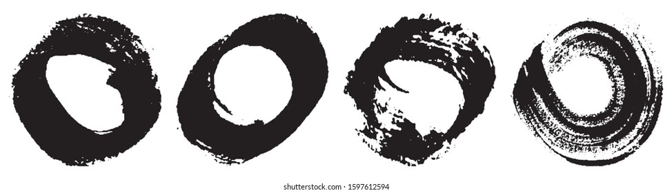 Dry brush strokes in a circle. Set of grunge pattern black on white background