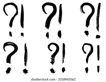 Dry brush strokes, hand drawn vector question marks and exclamation signs.
