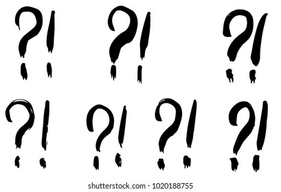 Dry brush strokes, hand drawn vector question marks and exclamation signs.