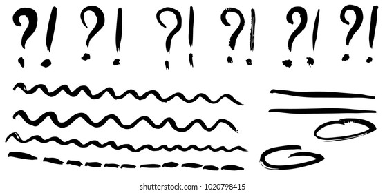 Dry brush strokes, hand drawn vector question marks and exclamation signs. Curved and straight brush lines.