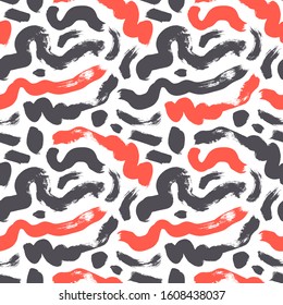 Dry brush strokes hand drawn vector seamless pattern. Curls and grunge stripes, wavy lines texture. Chaotic black paint freehand smears handdrawn background. Colorful wallpaper, textile print idea