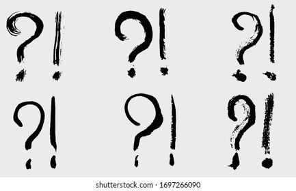 Trazos secos de pincel, signos de interrogación vectoriales dibujados a mano y signos de exclamación.