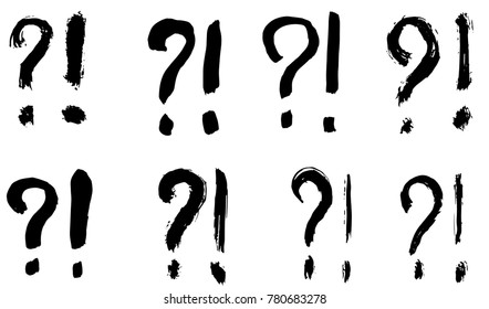 Dry brush strokes, hand drawn vector question marks and exclamation signs.