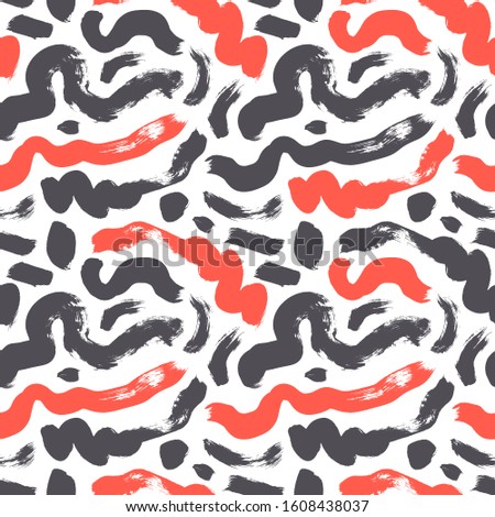 Dry brush strokes hand drawn vector seamless pattern. Curls and grunge stripes, wavy lines texture. Chaotic black paint freehand smears handdrawn background. Colorful wallpaper, textile print idea