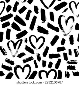 Dry Brush Strokes and Hearts Seamless Pattern. Hand Drawn Artwork Abstract Vector Background