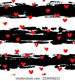 Dry Brush Strokes and Hearts Seamless Pattern. Hand Drawn Artwork Abstract Vector Background