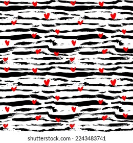 Dry Brush Strokes and Hearts Seamless Pattern. Hand Drawn Artwork Abstract Vector Background