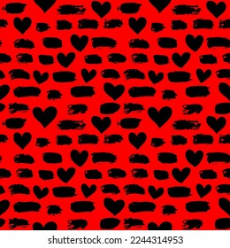 Dry Brush Strokes and Hearts Seamless Pattern. Hand Drawn Artwork Abstract Vector Background