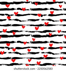 Dry Brush Strokes and Hearts Seamless Pattern. Hand Drawn Artwork Abstract Vector Background