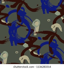 Dry Brush Strokes. Seamless Pattern for Textile, Print, Tablecloth. Bright Seamless Ornament in Retro Colors. Vector Abstract Background. Rapport