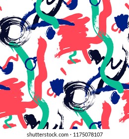 Dry Brush Strokes. Seamless Pattern for Curtain, Print, Tablecloth. Bright Seamless Ornament in Vintage Colors. Vector Abstract Background. Rapport