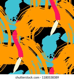 Dry Brush Strokes. Seamless Pattern for Textile, Print, Chintz. Colorful Seamless Ornament in Retro Colors. Vector Abstract Background. Rapport