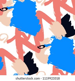 Dry Brush Strokes. Seamless Texture for Textile, Linen, Chintz. Bright Seamless Ornament in Trendy Colors. Vector Abstract Background. Rapport