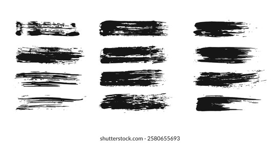Dry brush strokes silhouette set isolated on white background. Ink stripes grunge texture.