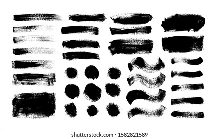 Dry brush strokes vector set. Hand drawn smears, dry stripes, brush lines, black circles and boxes. Grunge design elements isolated on white background. Abstract ink curve strokes textures.