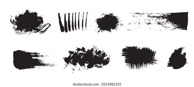 Textura de pincel seco, manchas e manchas de tinta preta, conjunto de blob de vetor de tinta lama. Grunge e colagem coleção de elementos de design.