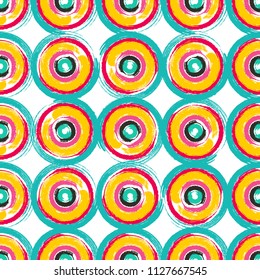 Dry brush texture colorful circles seamless pattern design. Abstract geometric repeated background
