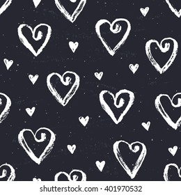 Dry brush texture. Hand drawn hearts on chalkboard. Seamless pattern. Romantic monochrome design.