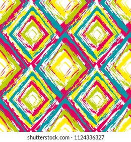 Dry brush textured colorful rhombs seamless pattern design. Abstract grungy repeating background