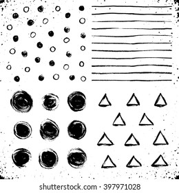 Dry brush textures collection. Hand drawn black ink elements isolated on white background. Monochrome backgrounds set for modern design.