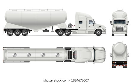 Dry Bulk Tanker Trailer Truck Vector Mockup On White For Vehicle Branding, Corporate Identity. View From Side, Front, Back, Top. All Elements In Groups On Separate Layers For Easy Editing And Recolor