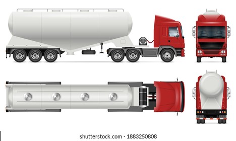 Dry bulk tanker trailer truck vector mockup on white for vehicle branding, corporate identity. View from side, front, back, top. All elements in groups on separate layers for easy editing and recolor svg