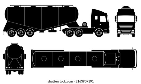 Dry bulk tanker trailer truck silhouette on white background. Vehicle monochrome icons set view from side, front, back, and top