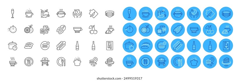 Dry cappuccino, Boiling pan and Food delivery line icons pack. Cherry, Juice, Hotdog web icon. Food app, Coffee cup, Bread pictogram. Beer bottle, Cooking hat, Cutting board. Vector