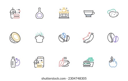 Dry cappuccino, Coffee beans and Coffee shop line icons for website, printing. Collection of Food delivery, Sausage, Cognac bottle icons. Coconut, Mint tea, Food order web elements. Vector
