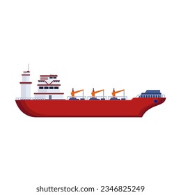 Dry cargo boat on white background. Side view of cargo vessel or bulk carrier cartoon illustration. Industrial or commercial freight. Cargo, shipping concept