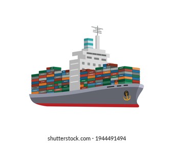 Dry cargo container ship isolated on white background. Flat cartoon style. Vector illustration