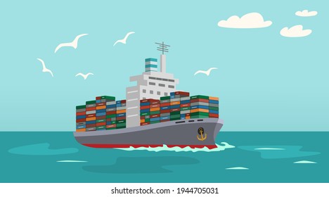 Dry cargo container ship in ocean. Flat cartoon style. Vector illustration