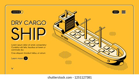 Dry cargo ship isometric vector web banner with bulk carrier line art illustration. Freight maritime transport, merchant vessel for goods delivery. International trade company landing page template svg