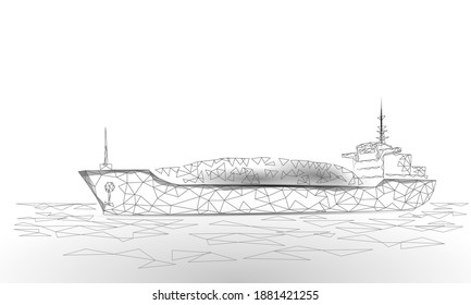 Dry cargo ship sea industry transportation. Large sailing boat barge. Delivery shipping float industrial concept. Low poly triangle design heavy vessel vector illustration